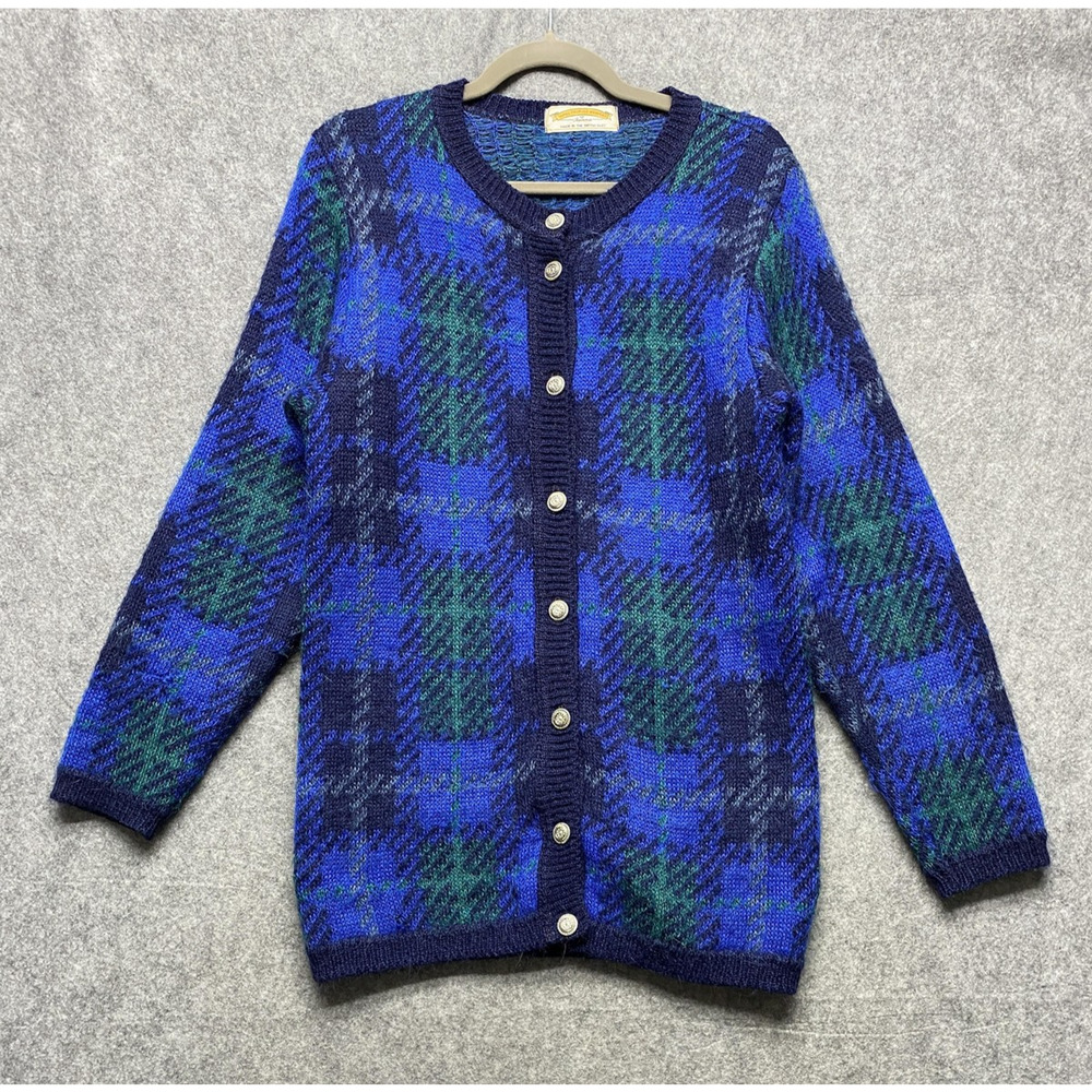 Vintage James Pringle Weavers Cardigan Womens Small Blue Plaid Mohair 80s